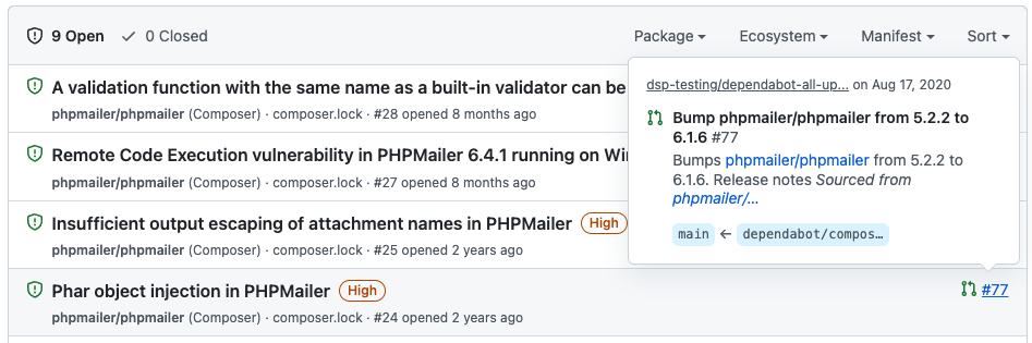 Dependabot alerts view showing a pull request link
