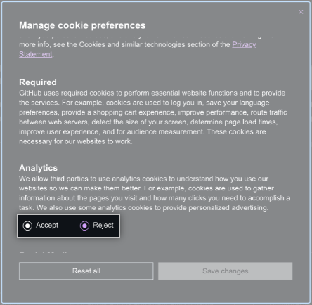 Screenshot of radio buttons to choose "Accept" or "Reject" for non-essential cookies.