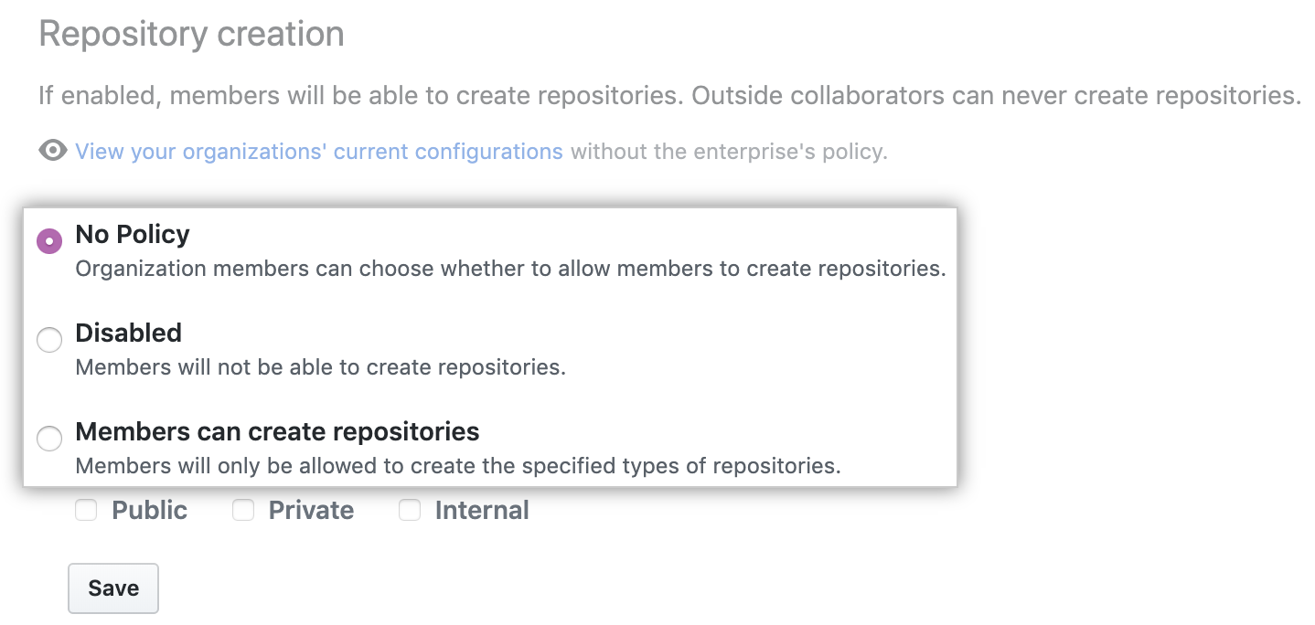 Drop-down menu with repository creation policy options