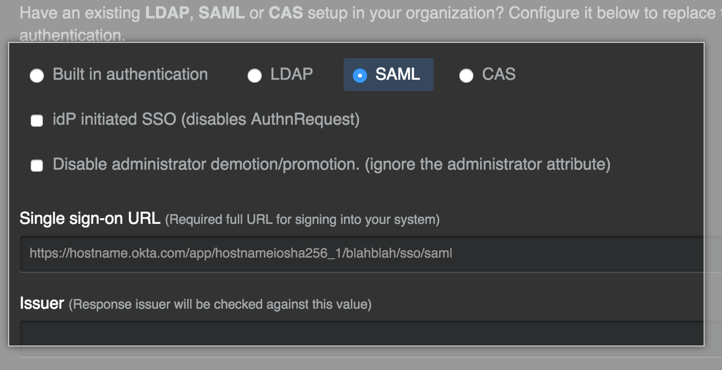 管理コンソールで SAML 認証を有効にするオプションのスクリーンショット