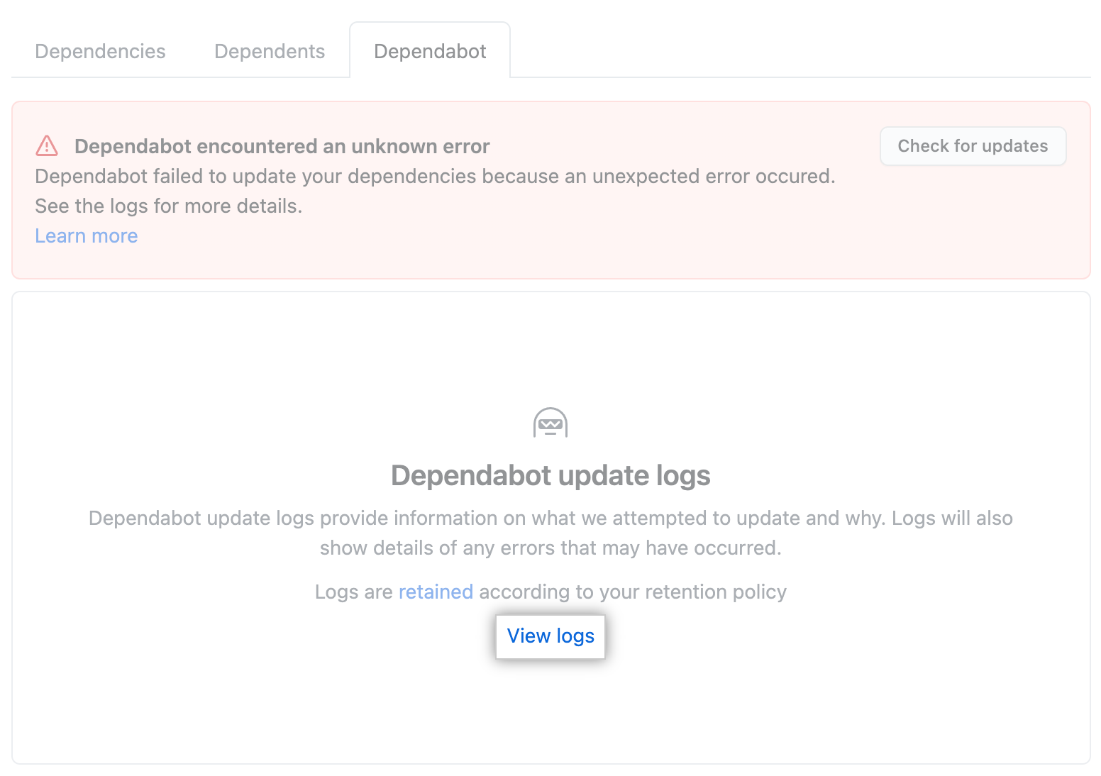 Dependabot version update error and log 