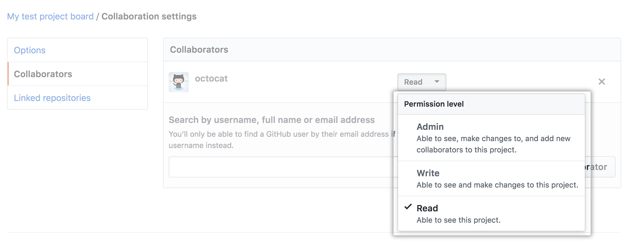 The Collaborators section with the Permissions drop-down menu selected