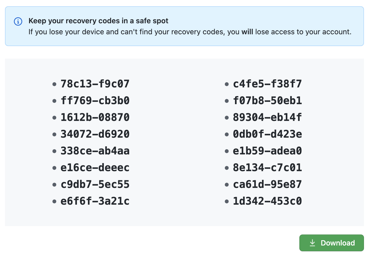 List of recovery codes to download