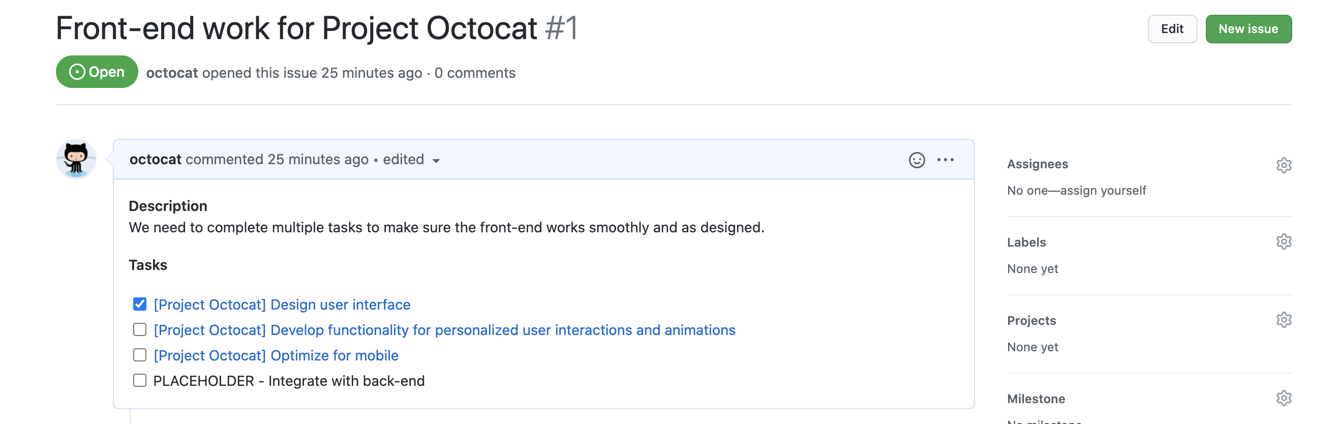 Screenshot of an issue called "Front-end work for Project Octocat." The issue body contains a task list, with a checkbox preceding each issue link.