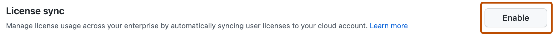 Screenshot of the "License sync" option on the GitHub Connect page. The "Enable" button is highlighted with an orange outline.