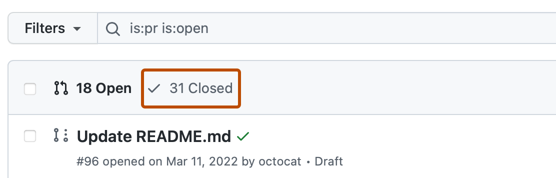 Screenshot of the "Pull requests" page for a repository. A filter, labeled with a checkmark icon and "31 closed", is highlighted with an orange outline.