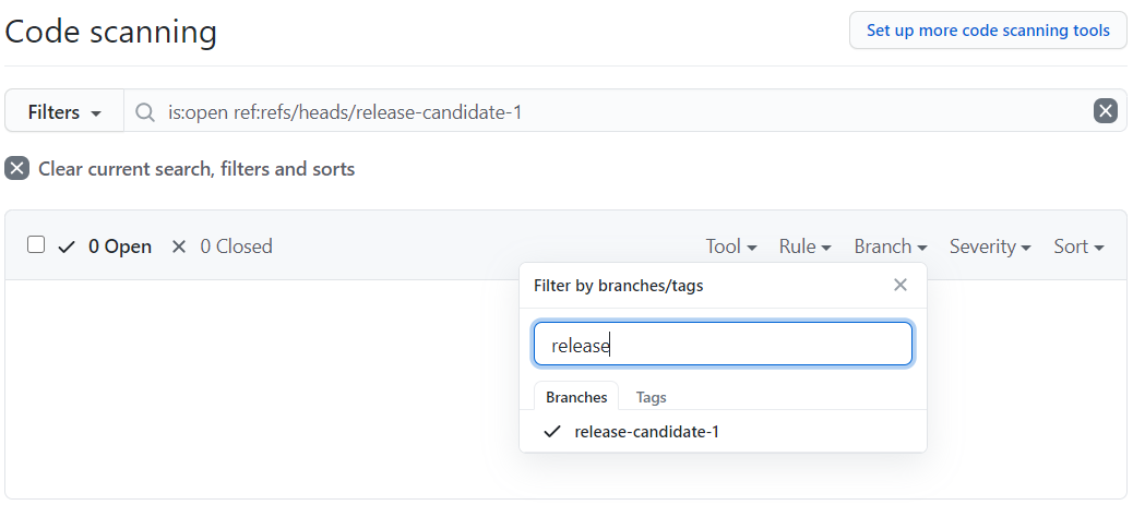 Screenshot of the "Code scanning" page. In a header row, a dropdown for a filter labeled "Branch" is expanded. In the dropdown, a branch called "release-candidate-1" is selected.