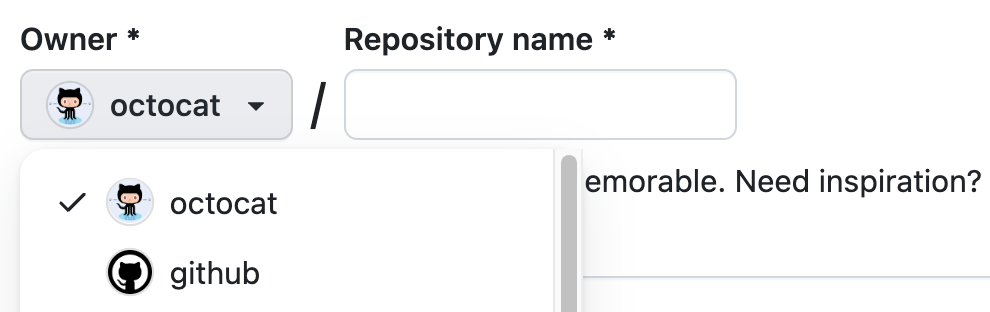 Screenshot of the owner menu for a new GitHub repository. The menu shows two options, octocat and github.
