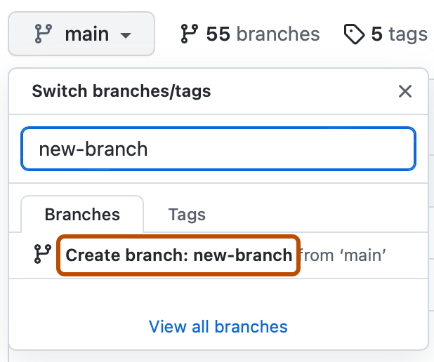 Screenshot of the branch selector dropdown menu. "Create branch: new-branch" is highlighted with an orange outline.
