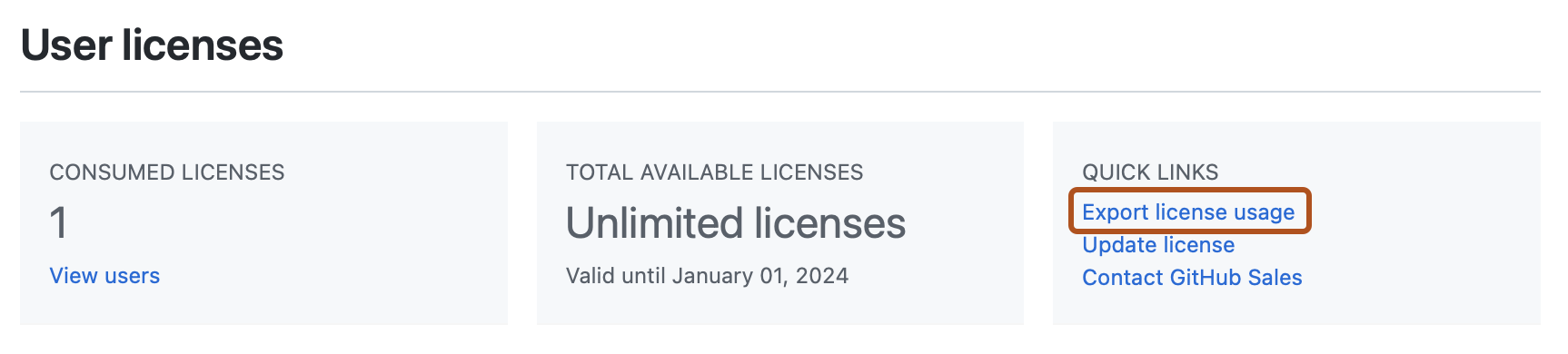 Screenshot of the "User licenses" section of the "License" page. A link, labeled "Export license usage", is outlined in dark orange.