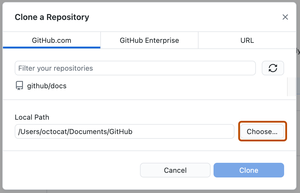Screenshot of the "Clone a repository" window. A button, labeled "Choose", is highlighted with an orange outline.