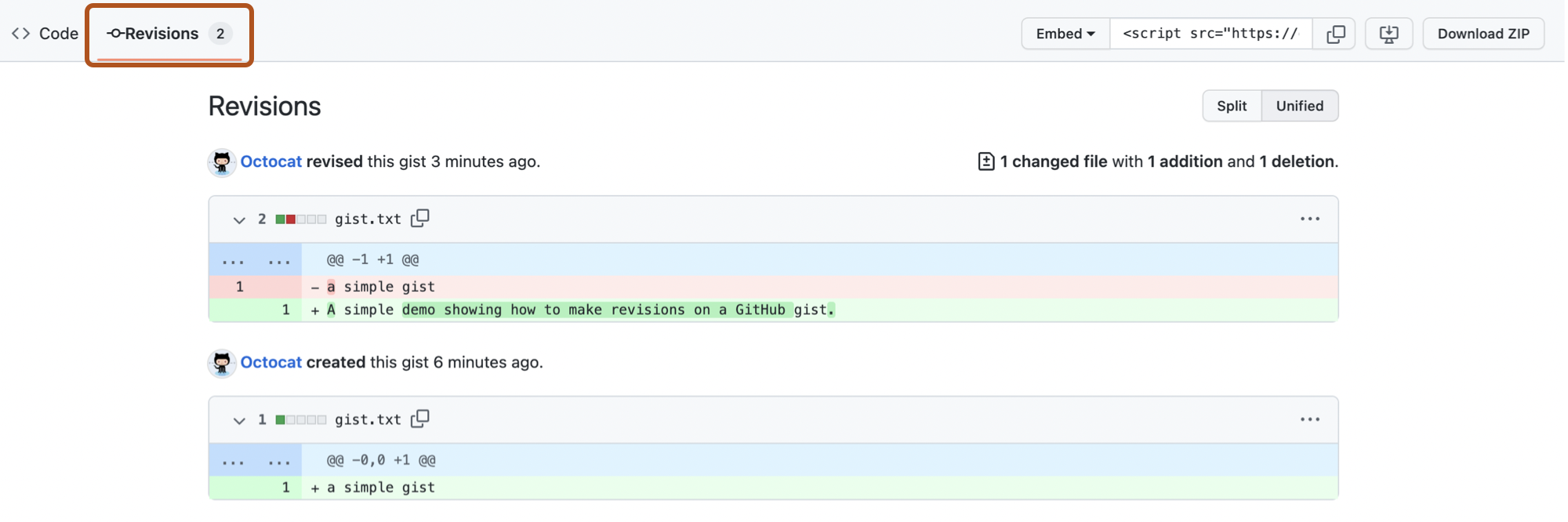 Screenshot of the "Revisions" page in GitHub Gist. A tab, labeled “Revisions”, is outlined in dark orange.