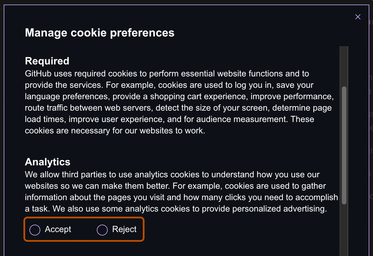 Screenshot of the "Manage cookie preferences" dialog window. Under "Analytics," two radio buttons, labeled "Accept" and "Reject," are outlined in orange.