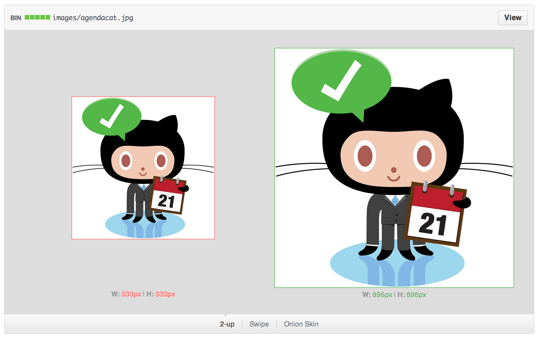 Screenshot of a diff for an image in 2-up mode. The image on the right is outlined in green and larger than the image on the left, which is outlined in red.