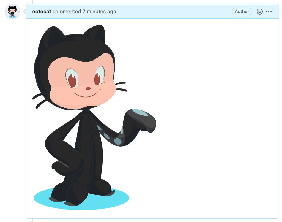 Screenshot of a comment on a GitHub issue showing an image, added in the Markdown, of an Octocat smiling and raising a tentacle.