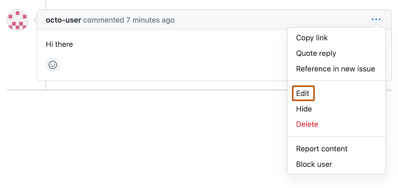 Screenshot of a pull request comment by octo-user. Below an icon of three horizontal dots, a dropdown menu is expanded, and "Edit" is outlined in orange.