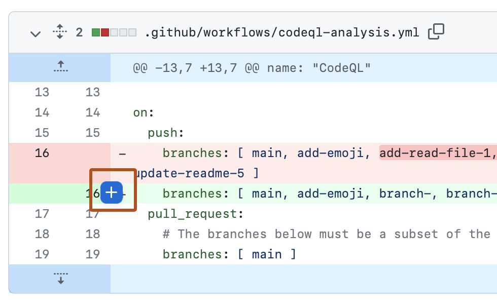 Screenshot of a diff in a pull request. Next to a line number, a blue plus icon is highlighted with an orange outline.