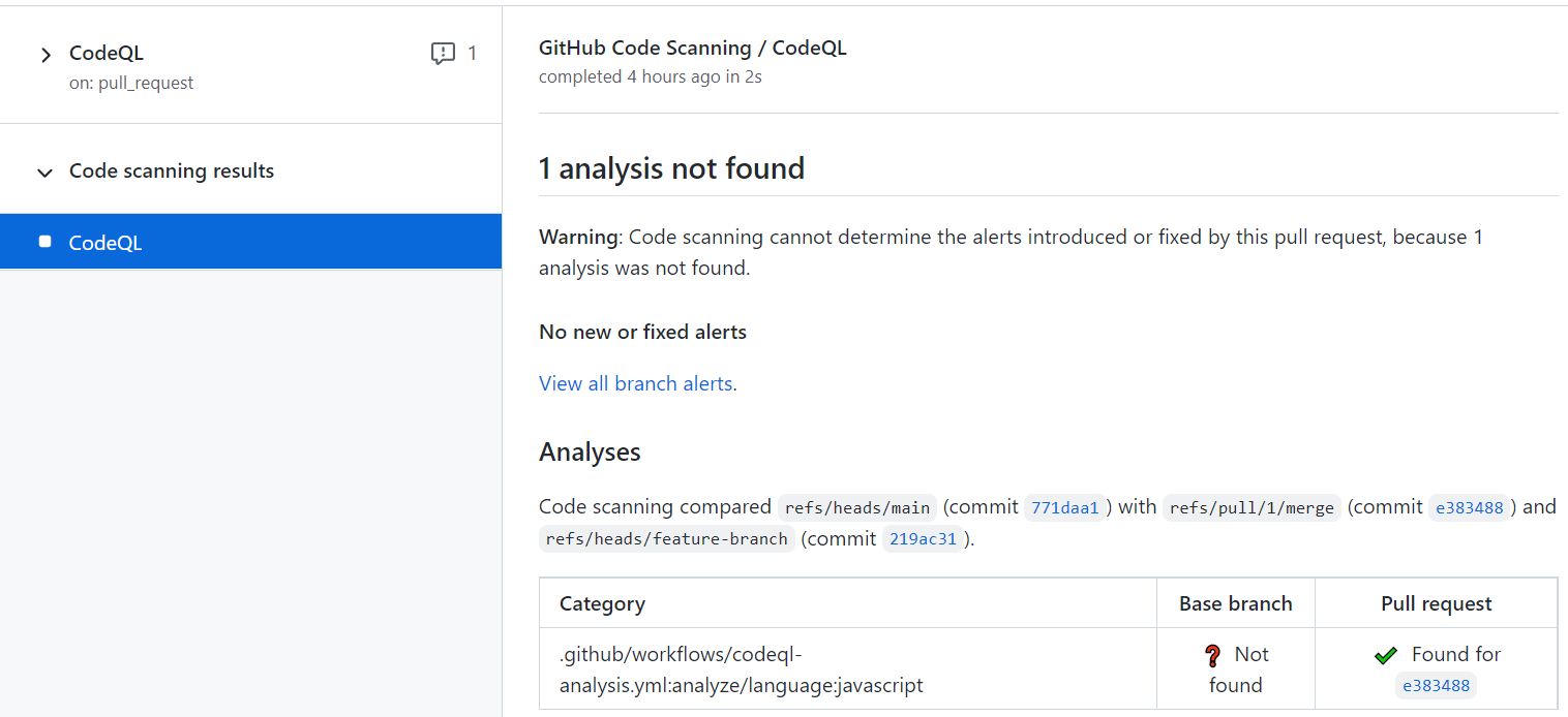 Screenshot of the details for a code scanning result. Under "GitHub Code Scanning / CodeQL" is the heading "1 analysis not found."
