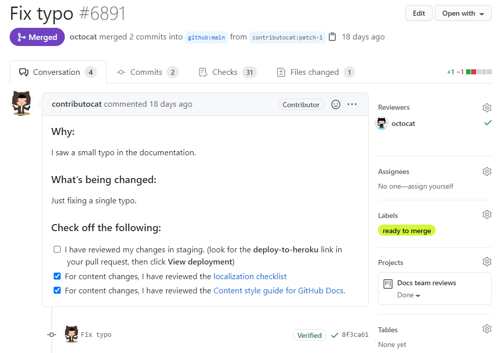 Screenshot of the "Conversation" tab of a pull request.
