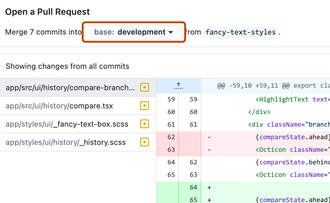 Screenshot of the "Open a Pull Request" dialog window. A button with a dropdown icon, labeled "base: development", is outlined in orange.