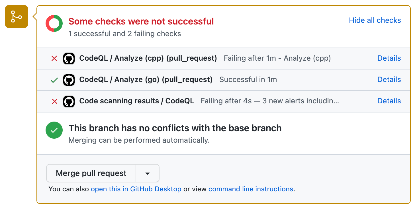 Screenshot showing an example of code scanning pull request checks. Failure of CodeQL analysis for C++ is shown with a red cross.