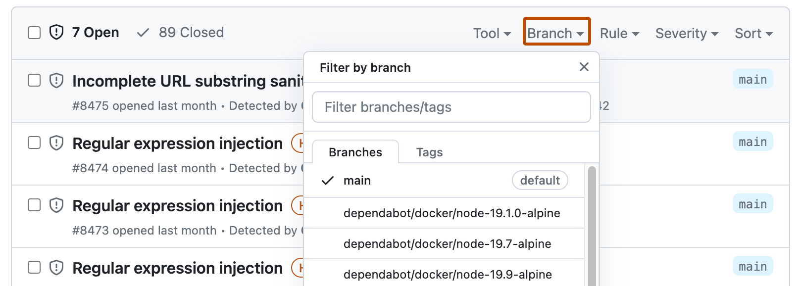 Screenshot of the search field on the code scanning, with the "Branch" dropdown menu expanded. The "Branch" button is outlined in dark orange.