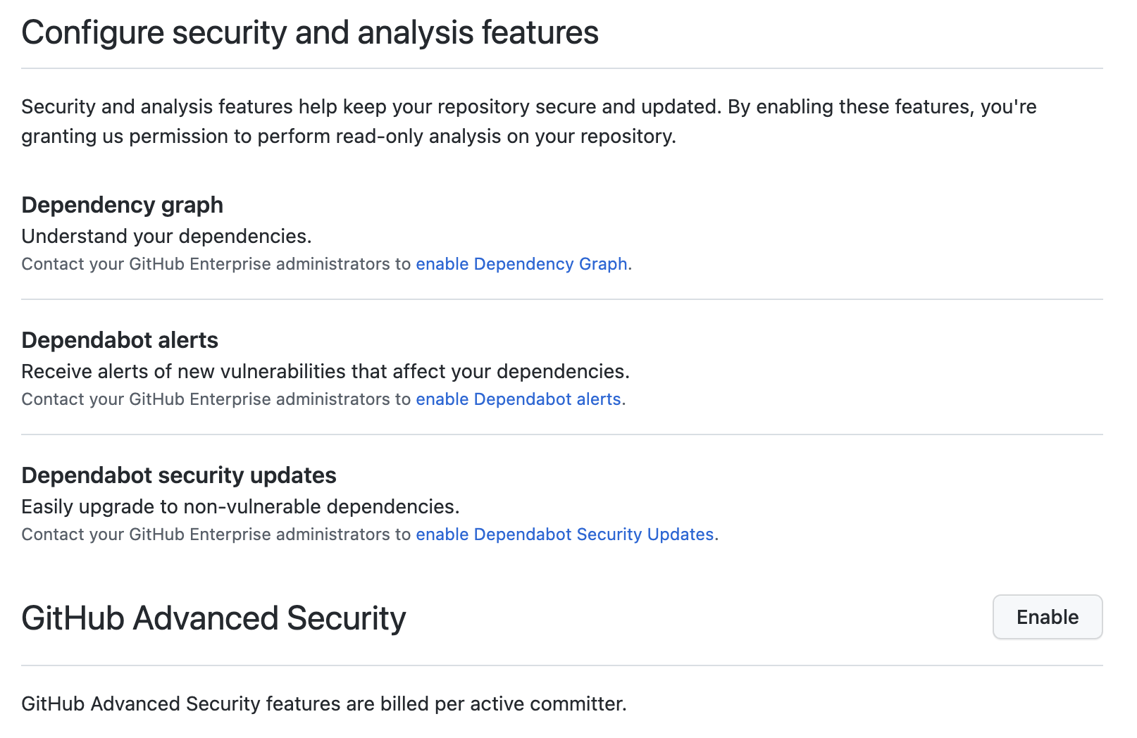 Screenshot of "Code security and analysis features".