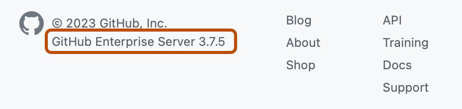 Screenshot of the footer of GitHub Enterprise Server. "GitHub Enterprise Server 3.7.5" is highlighted with an orange outline.