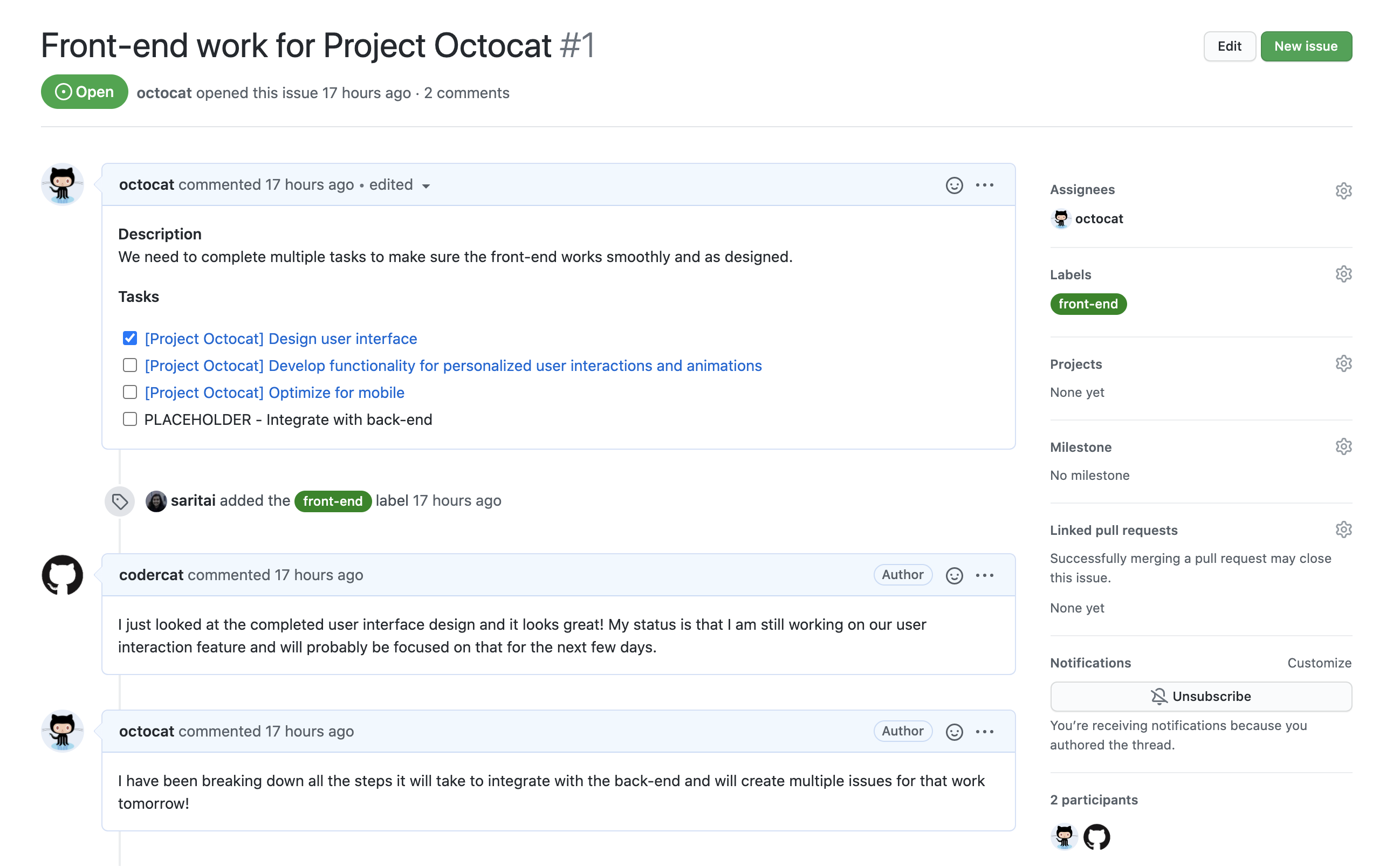 Screenshot of an issue called "Front-end work for Project Octocat." Comments from both @codercat and @octocat provide status updates on the work.