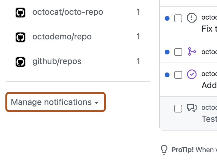 Screenshot of the "Notifications" page. A dropdown menu, titled "Manage notifications", is highlighted with an orange outline.