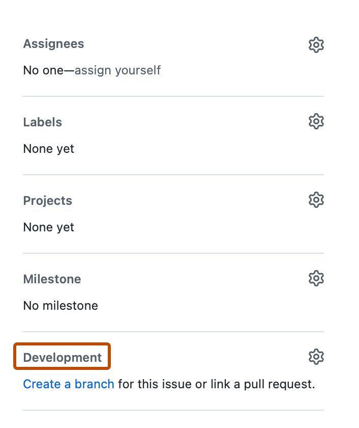 Screenshot of the issue sidebar. "Development" is outlined in dark orange.