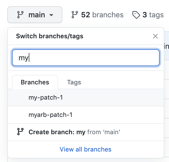Screenshot of the branch dropdown menu on the main page of a repository.