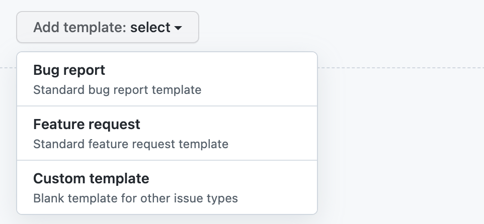 Screenshot of the "Add template" dropdown menu expanded to show the standard "Bug report" and "Feature request" templates. In addition, the "Custom template" is listed.