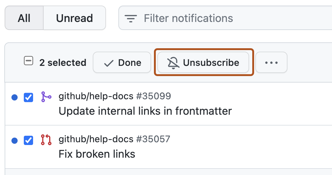 Screenshot of the "Notifications" page. A button, titled "Unsubscribe", is highlighted with an orange outline.