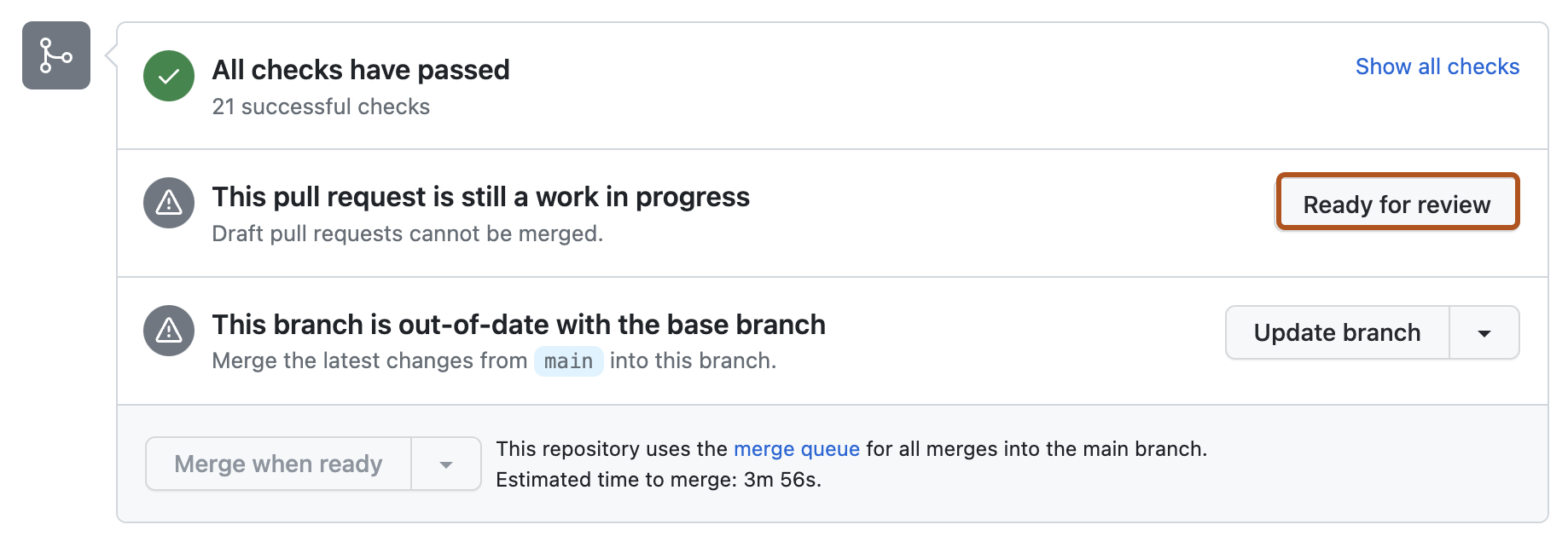 Screenshot of the merge box in a pull request. The "Ready for review" button is outlined in dark orange.