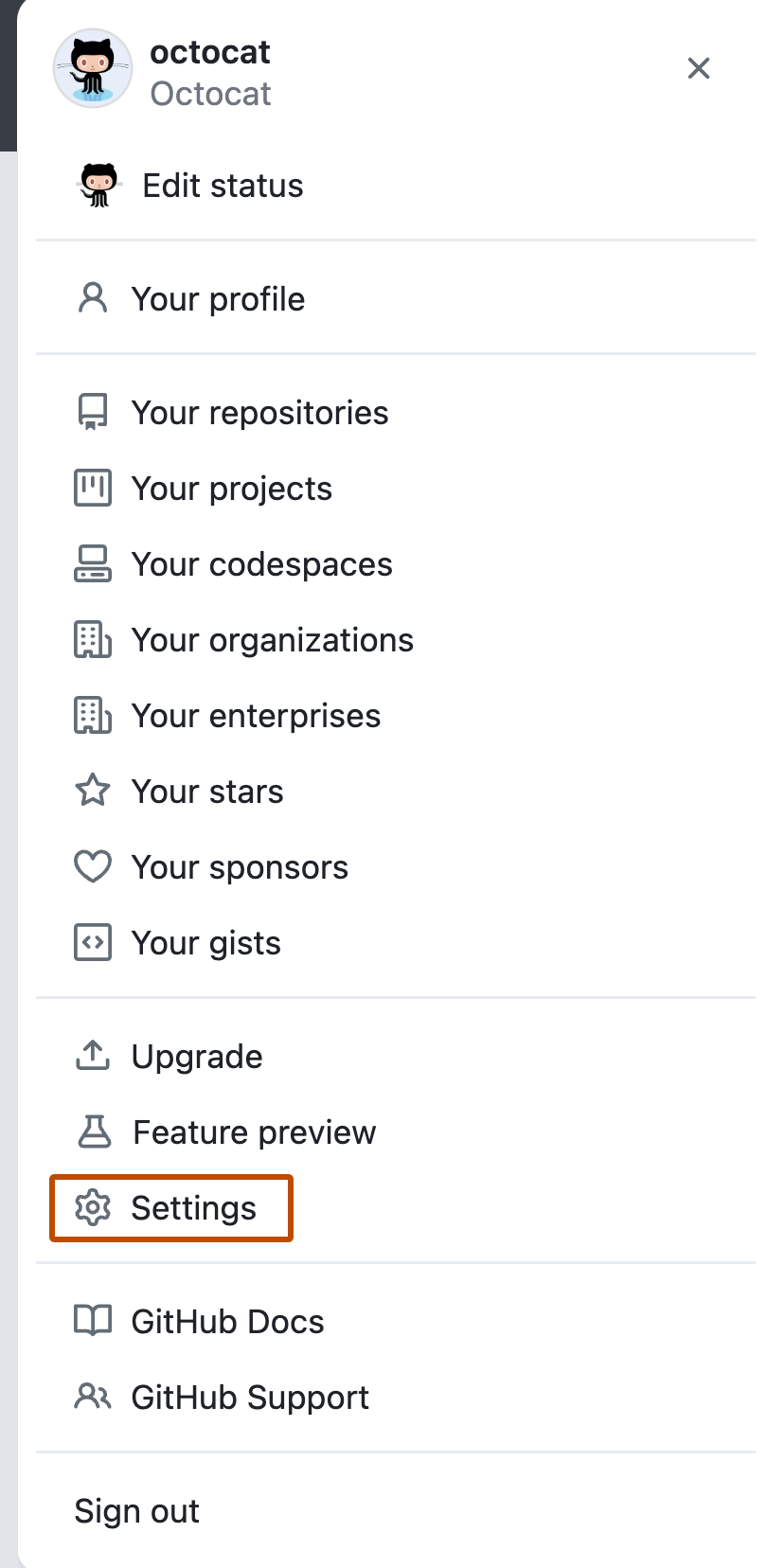 Screenshot of GitHub's account menu showing options for users to view and edit their profile, content, and settings. The menu item "Settings" is outlined in dark orange.