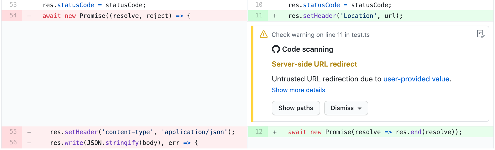 Screenshot showing an alert annotation within a pull request diff.
