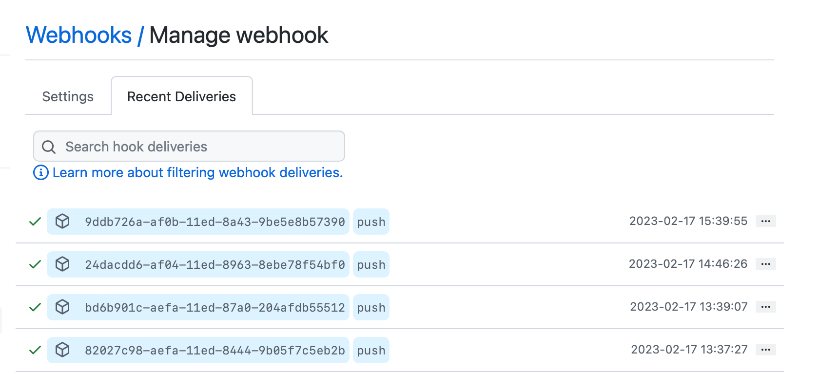 Screenshot of the "Recent Deliveries" tab on the "Manage webhook" page.