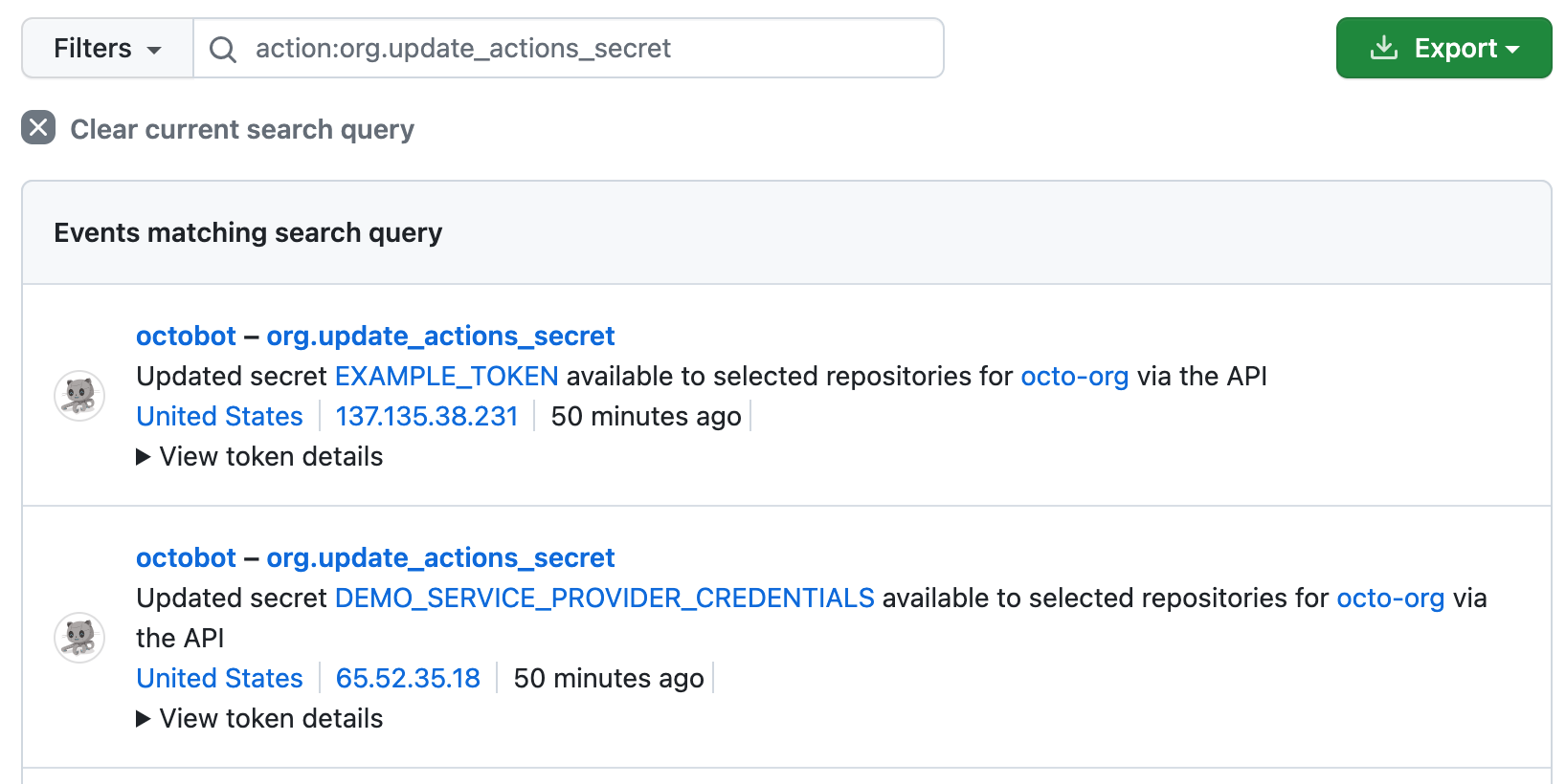 Screenshot showing a search for "action:org.update_actions_secret" in the audit log for an organization. Two results detail API updates to two secrets that are available to selected repositories.