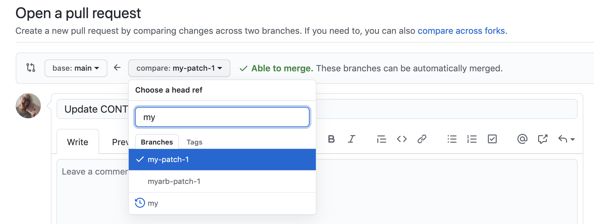 Screenshot of a pull request. The dropdown to edit the compare branch is expanded.