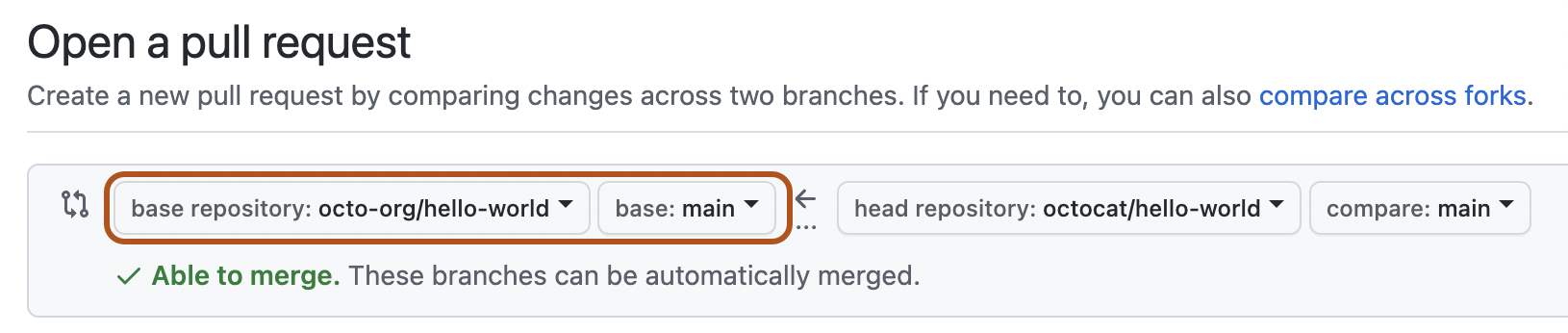 Screenshot of the page to open a new pull request. The dropdown menus for choosing the base repository and branch are outlined in dark orange.
