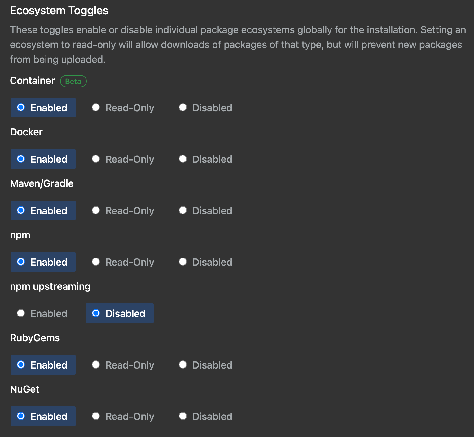 Screenshot of the "Ecosystem toggles" section on the Settings page of the Management Console.