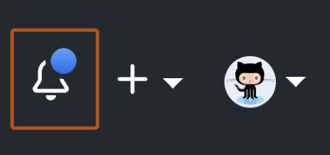Screenshot of the right corner of the header of GitHub. A bell icon with a blue dot indicating unread notifications is outlined in dark orange.
