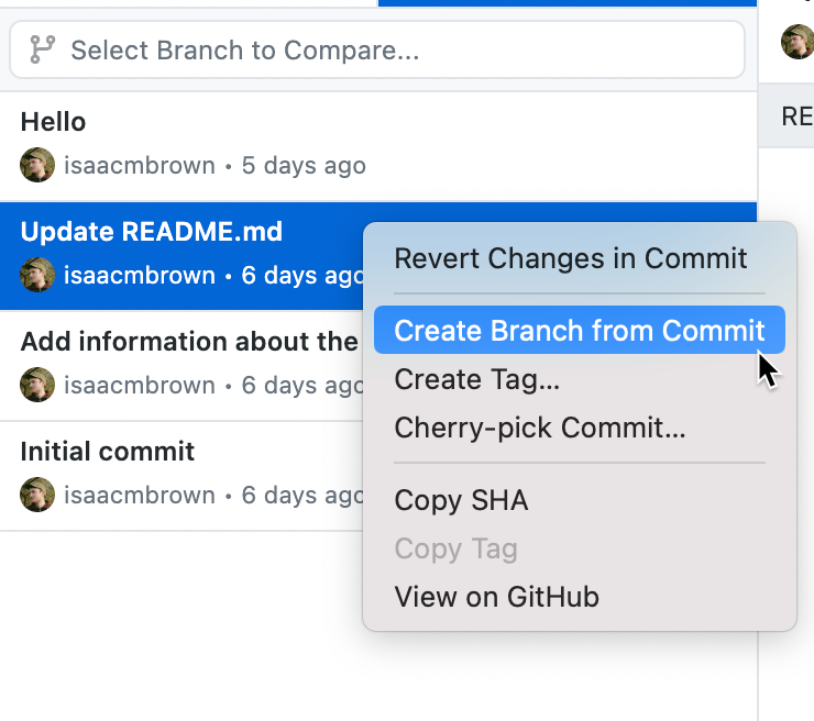 Screenshot of a list of commits in the "History" tab. Next to a commit, in a context menu, the cursor hovers over the "Create Branch from Commit" option.