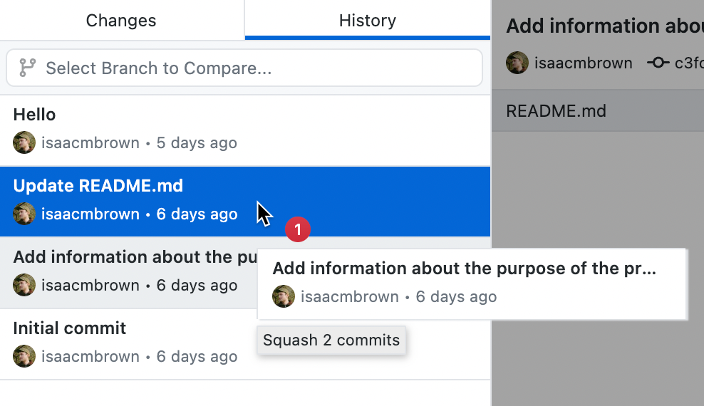 Screenshot of a list of commits in the "History" tab. The cursor hovers over a commit, highlighted in blue. A hover-over text box says, "Squash 2 commits".