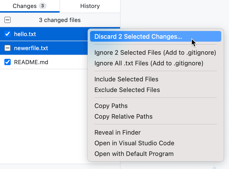 Screenshot of the "Changes" tab. Two selected files are highlighted in blue. In a context menu, the cursor hovers over "Discard 2 Selected Changes".
