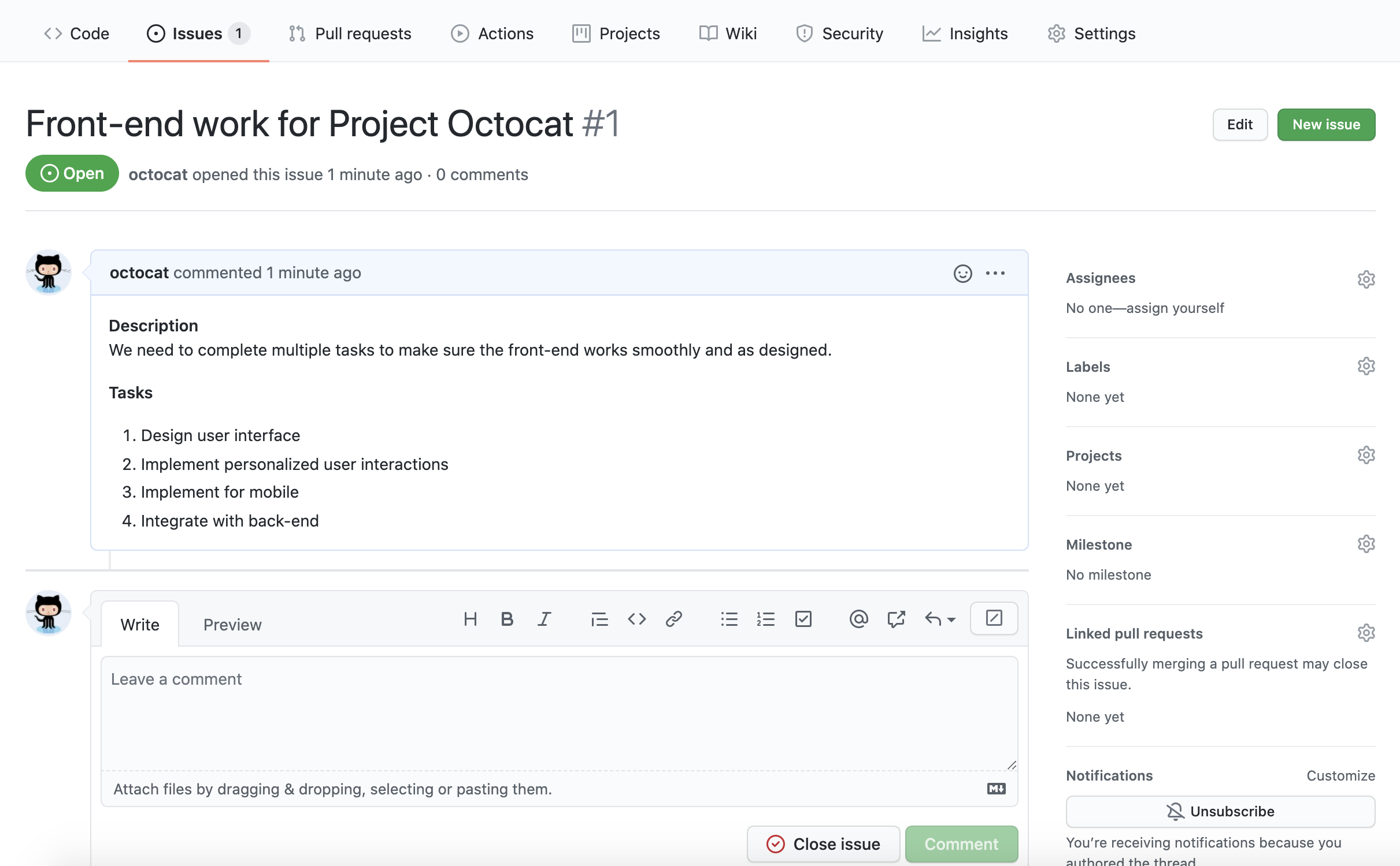 Screenshot of an issue called "Front-end work for Project Octocat." The issue body includes a list of tasks to complete.