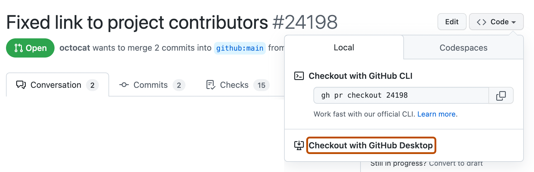 Screenshot of a pull request on GitHub. The "Code" dropdown menu is expanded, and a button, labeled "Checkout with GitHub Desktop" is outlined in orange.
