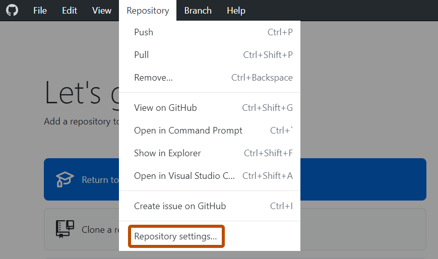 Screenshot of the "GitHub Desktop" menu bar on Windows. In the open "Repository" dropdown menu, an option labeled "Repository Settings" is outlined in orange.