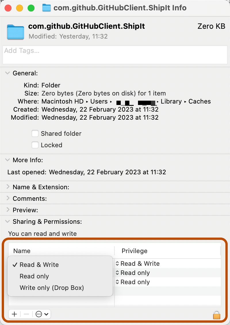 Screenshot of the info window on a Mac. Under "Sharing and permissions", a context menu is open, with "Read & Write" marked by a checkmark.
